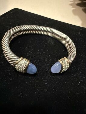 David Yurman Silver Twisted Cable Cuff with Blue Chalcedony and Pave Diamond